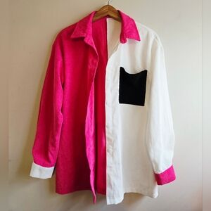 Pink and White Colorblock Corduroy Shacket with Black Pocket